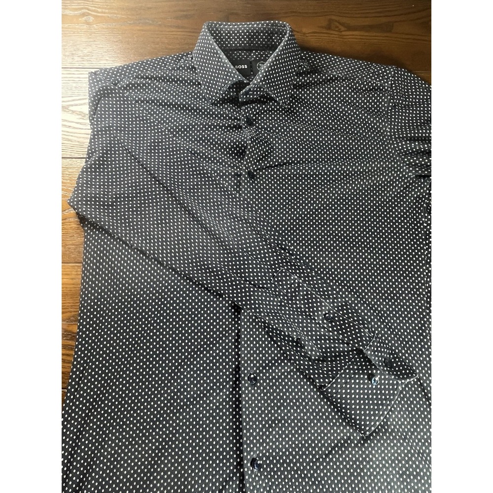 Boss Mens 15.5 39 M Blue Geometric Pattern Slim Fit Stretch Modern Dress Shirt